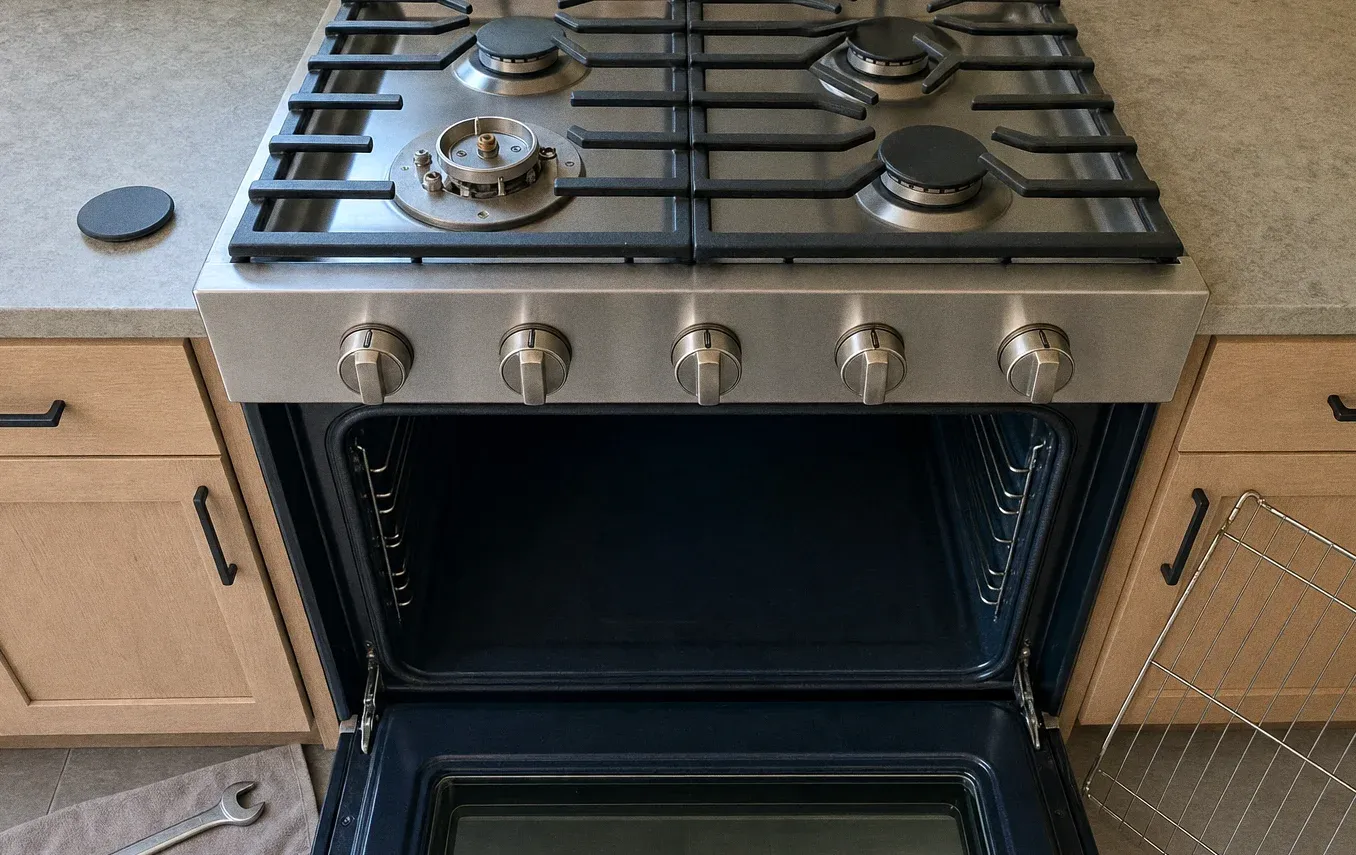 A stainless gas range with the oven door lowered and one cooktop burner taken down to its base, a wire rack leaning alongside