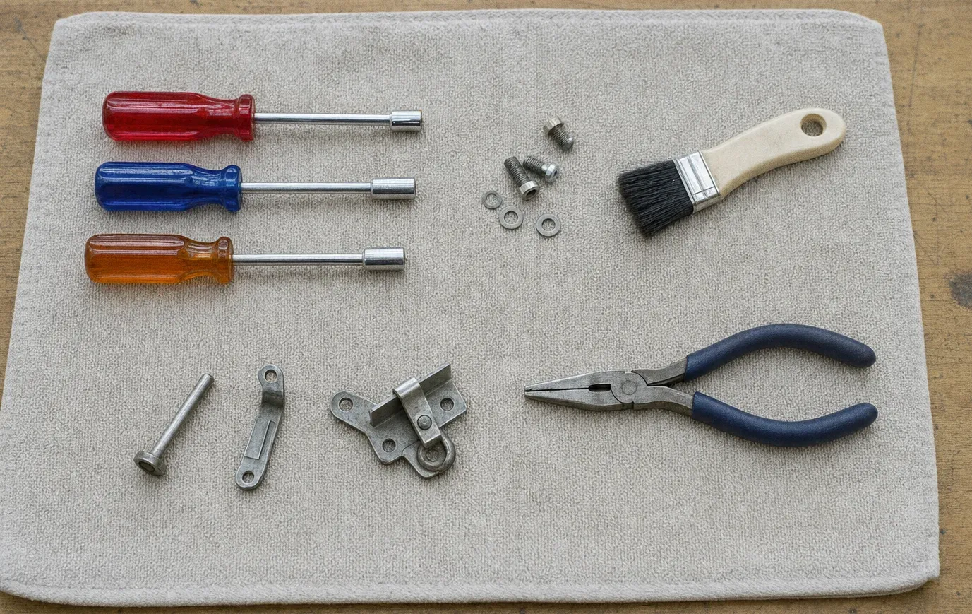 Red, blue and orange screwdrivers with nut drivers, a soft brush, long-nosed pliers, a hinge and washers on a folded towel