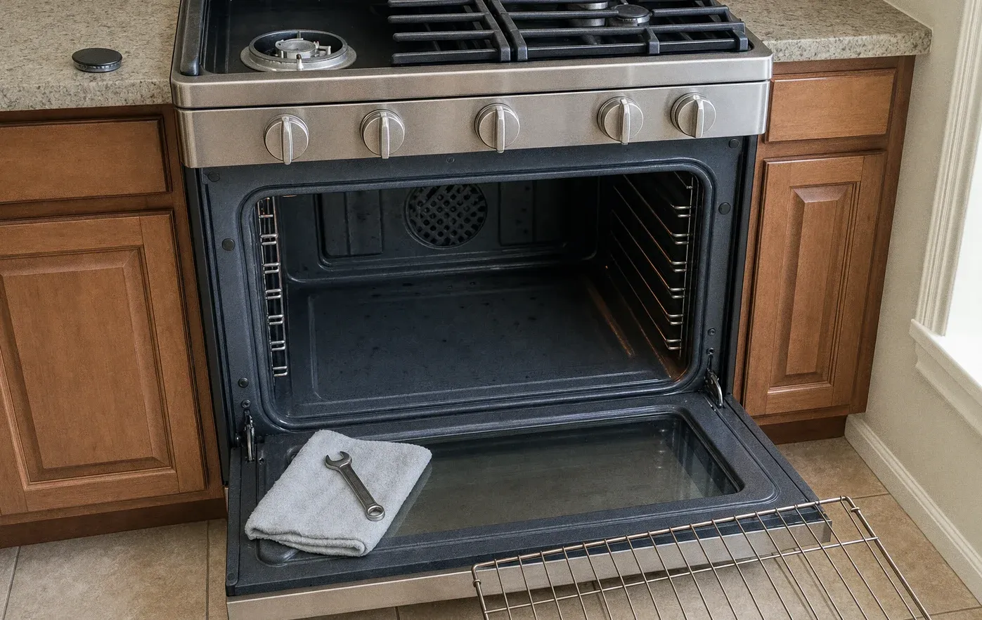A stainless gas range in cherry cabinets with the oven door open on an empty cavity, a folded towel and a wrench resting on the door