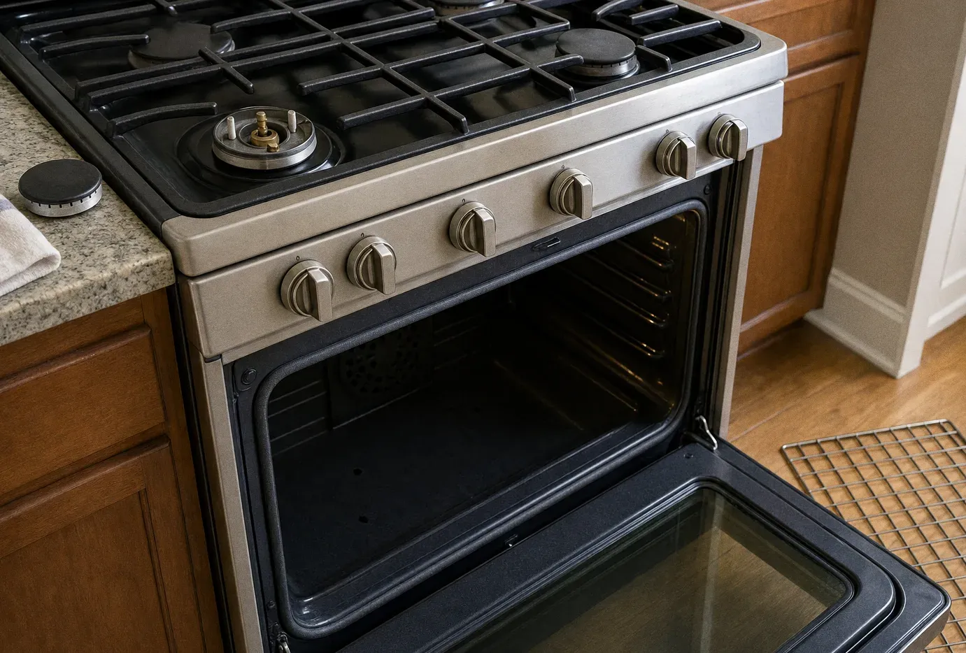 An angled view of a gas rangetop with one burner taken apart to its base, the oven door open on an empty cavity below